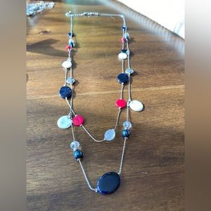 Red, white and blue silver tone necklace